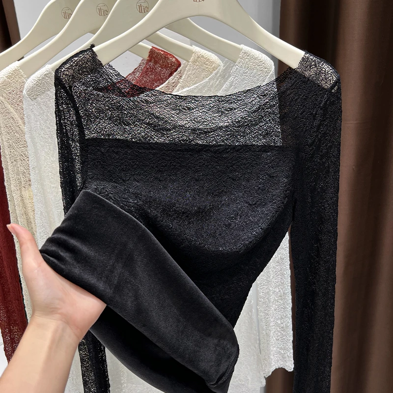 长袖圆领蕾丝衫女内搭秋冬新款加绒拼接设计感修身洋气保暖打底衫