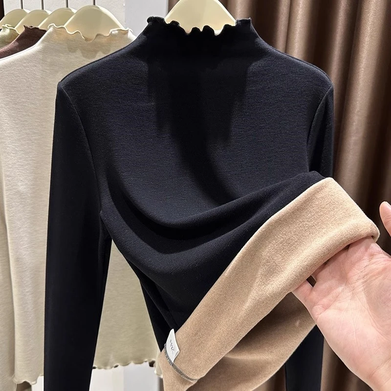 黑色加绒加厚保暖上衣2025新款木耳边半高领时尚百搭纯色打底衫女