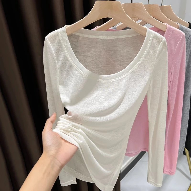 白色圆领打底衫女款爆款2024年春季新款内搭长袖T恤洋气修身上衣