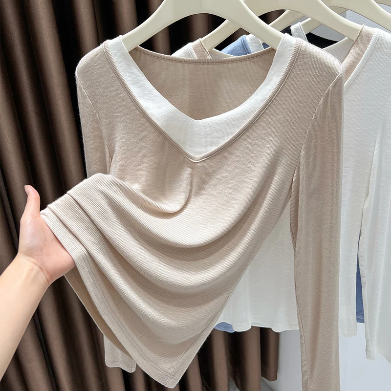 设计感小众假两件拼色长袖v领t恤女春秋新款修身打底衫内搭上衣潮