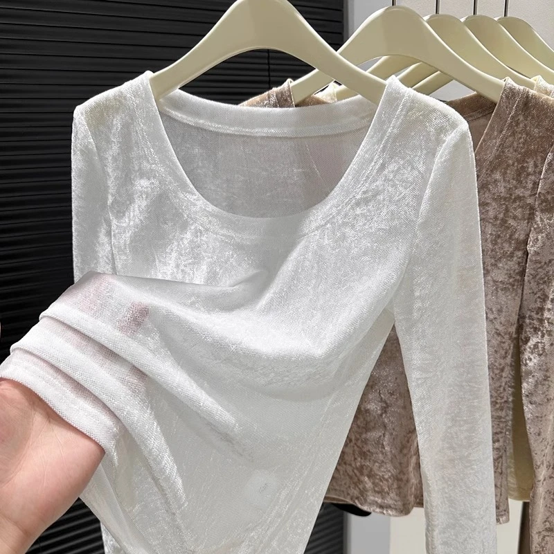 白色长袖u领薄款t恤女2024秋季高级感纯色打底衫内搭蕾丝网纱上衣