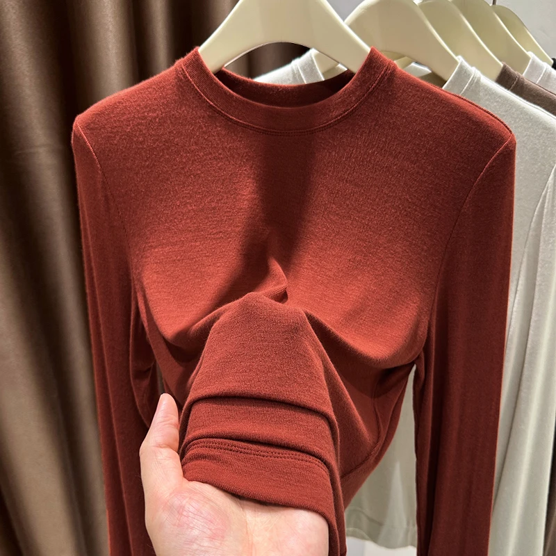 秋季新款安可拉红圆领柔软长袖打底女纯色ins风百搭针织上衣女t恤