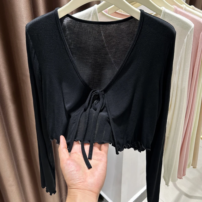 黑色长袖系带针织开衫女夏季薄款透气防晒短款披肩罩衫v领上衣ins