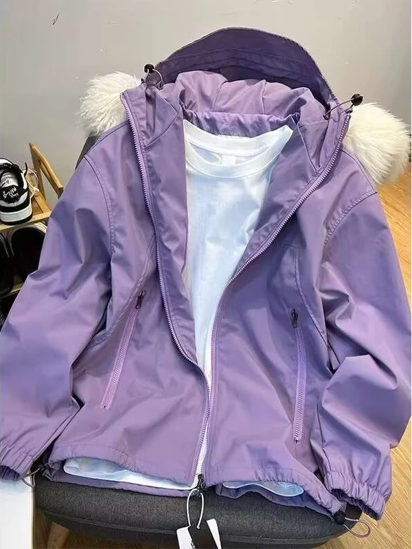 港风纯色连帽宽松百搭防风冲锋衣女潮2024春季新款休闲简约外套