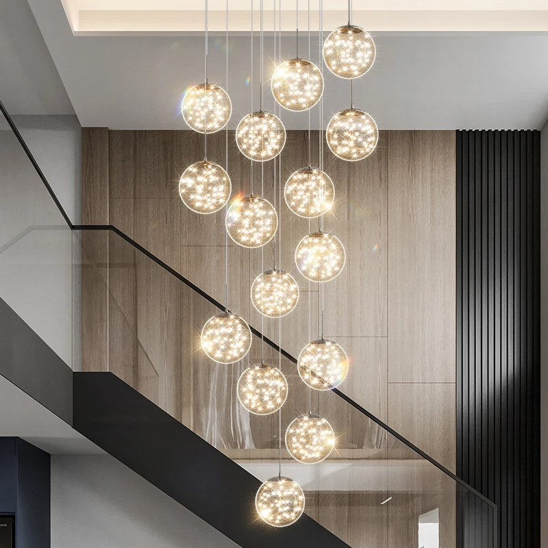 现代简约北欧满天星楼梯灯长吊灯复式楼轻奢别墅loft公寓客厅吊灯