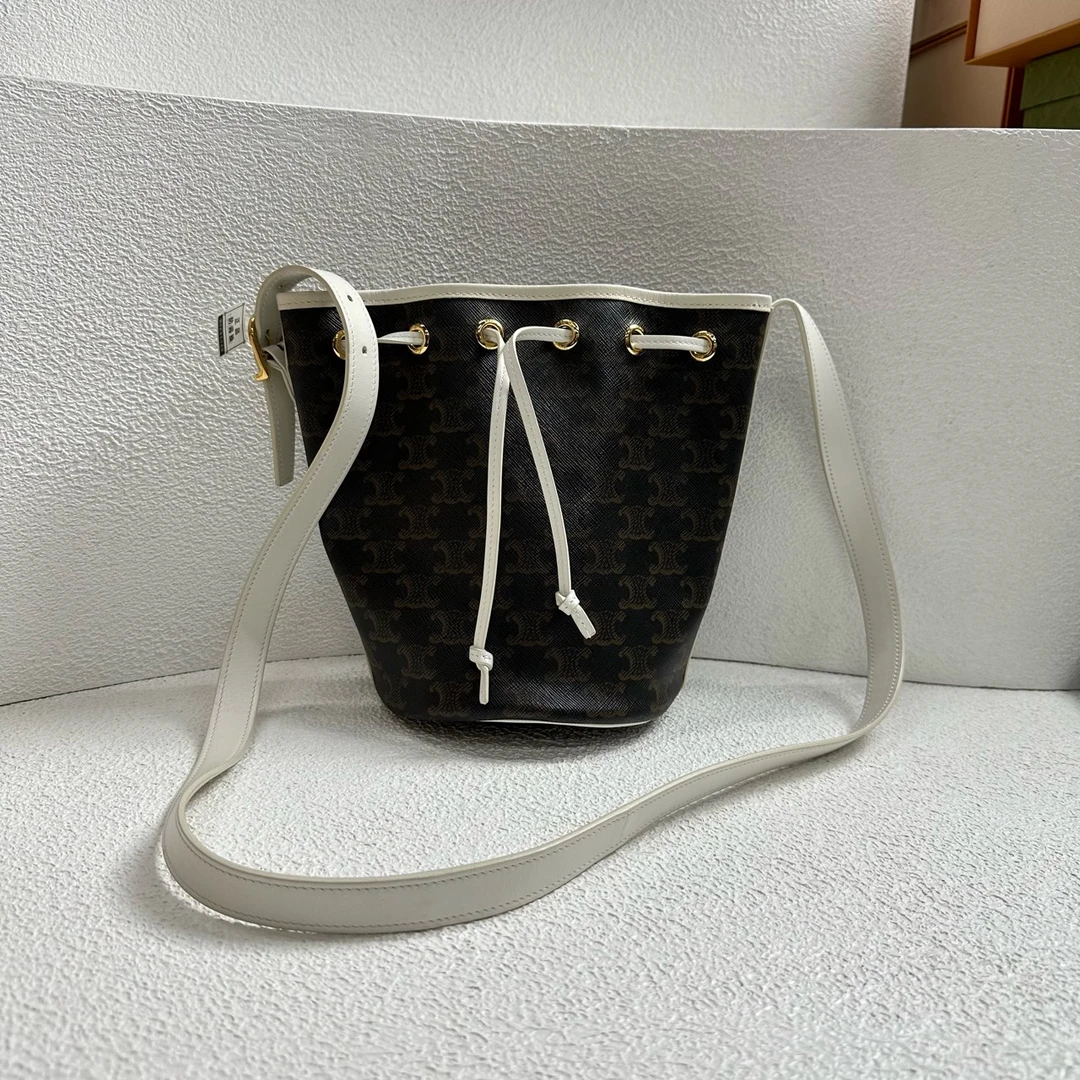 99新 Celine/思琳 【阿庞】01007/复古印花抽绳水桶 黑白拼色