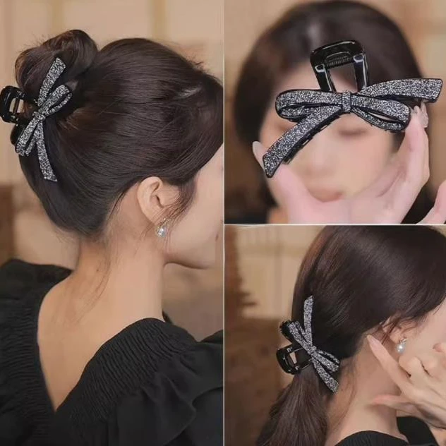 诗泊雅 韩国新款碎钻水晶蝴蝶结发抓满钻奢华鲨鱼夹