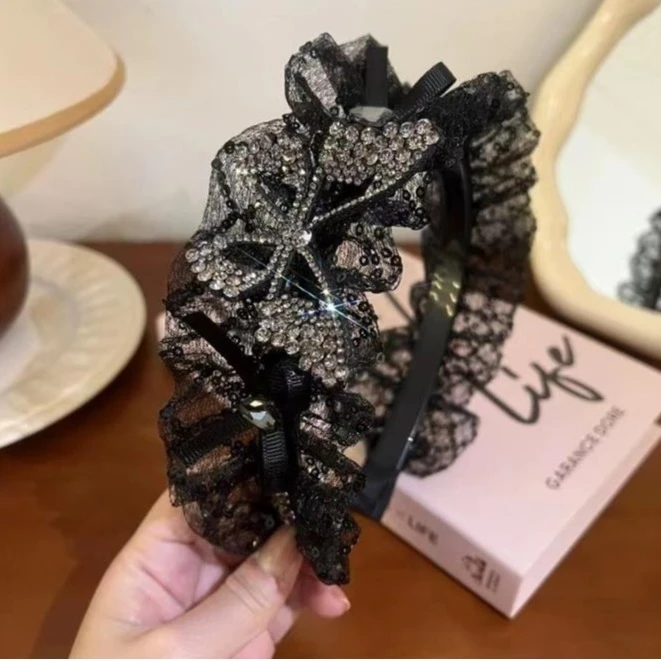 诗泊雅 2025春夏新款水钻蕾丝蝴蝶结发箍