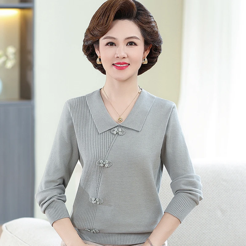 妈妈秋冬洋气复古长袖针织衫中年女套头打底衫翻领时尚毛衣小衫