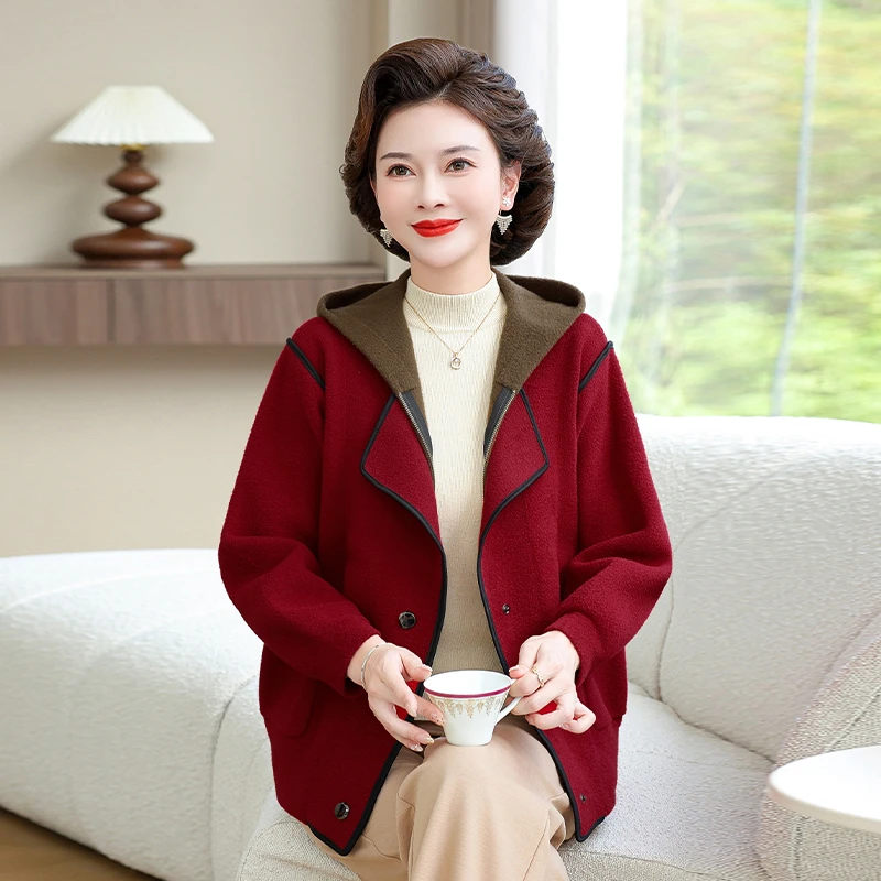 妈妈翻领连帽毛呢外套短款风衣大码中年女减龄针织外套毛衣开衫女