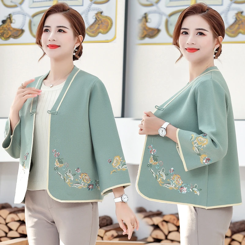 妈妈秋冬新中式国风针织外套中年女气质显瘦短款毛衣开衫披肩减龄