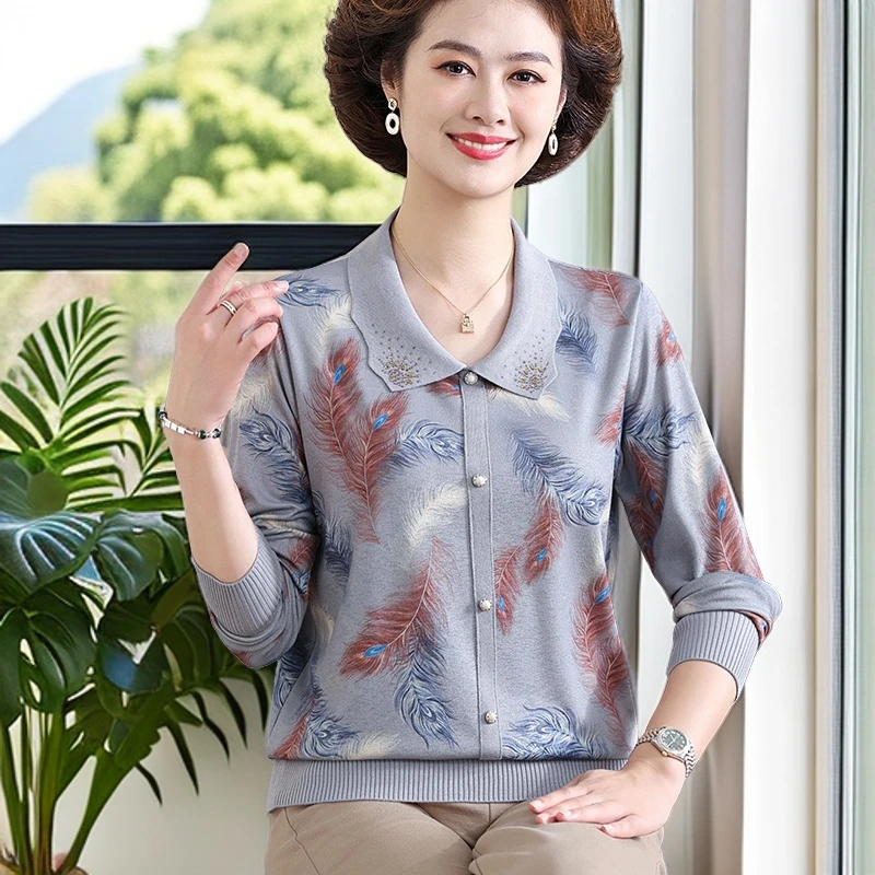 时尚妈妈春秋长袖印花翻领T恤冰丝碎花中老年女百搭上衣针织小衫