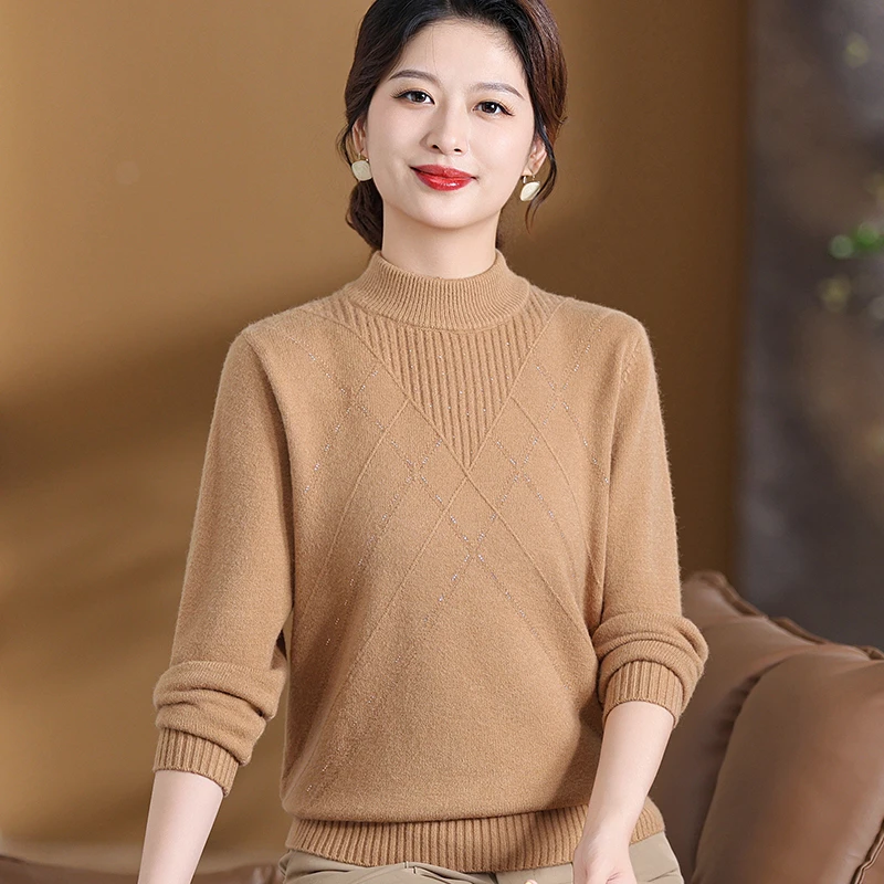 妈妈秋冬加厚纯色半高领针织衫气质减龄毛衣中年女显瘦打底衫上衣