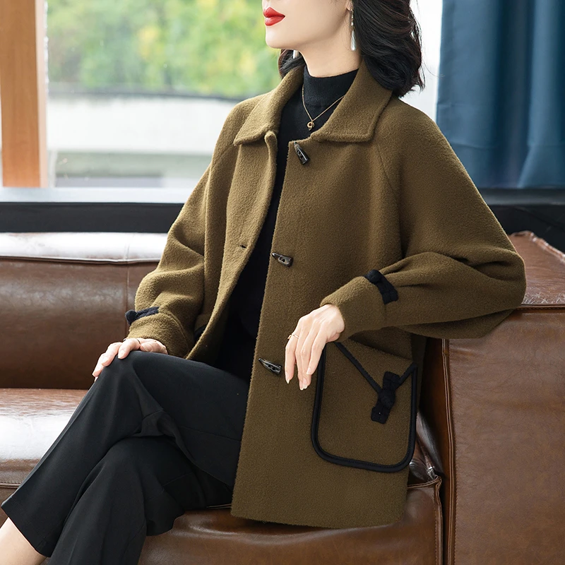 妈妈秋冬加厚翻领针织外套百搭纯色大衣中年女减龄开衫毛呢外套