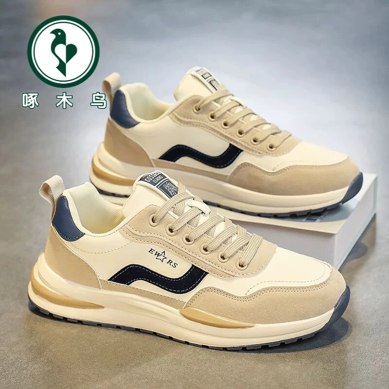 【正品】啄木鸟男鞋春季透气小白鞋男厚底板鞋运动休闲老爹鞋高能感