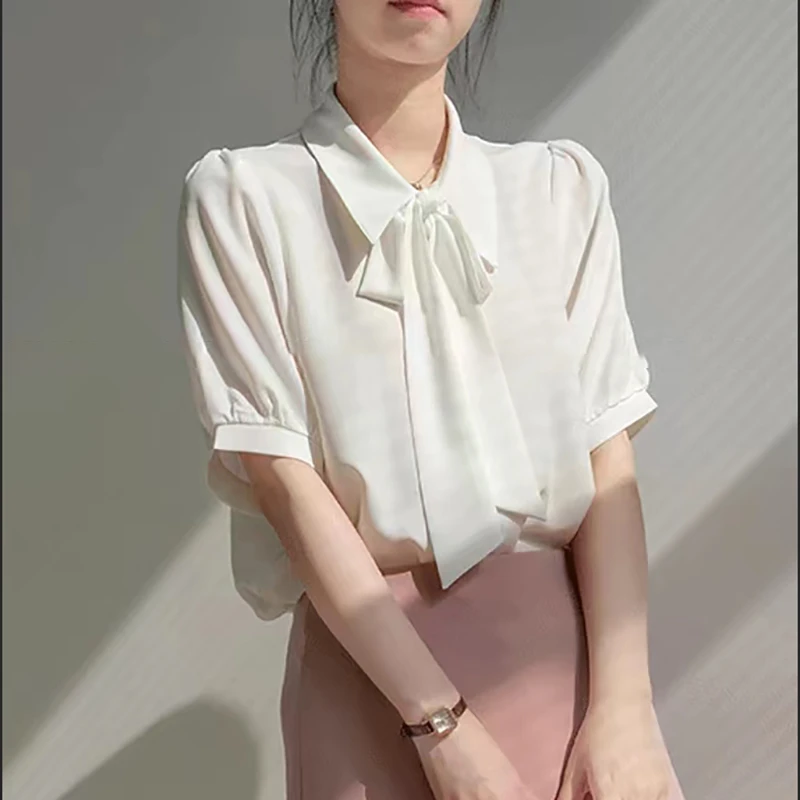 夏蝴蝶结洋气白色短袖雪纺衬衫女士高级轻奢上衣气质通勤职业衬衣