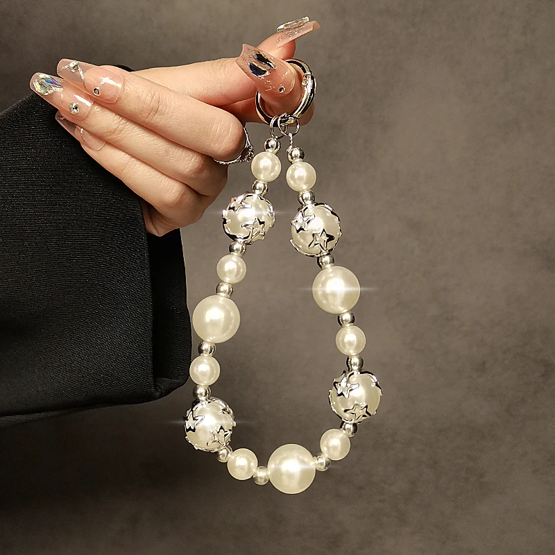 奢华银色五角星珍珠手提链条挂绳高级感手机壳车钥匙通用挂链女款