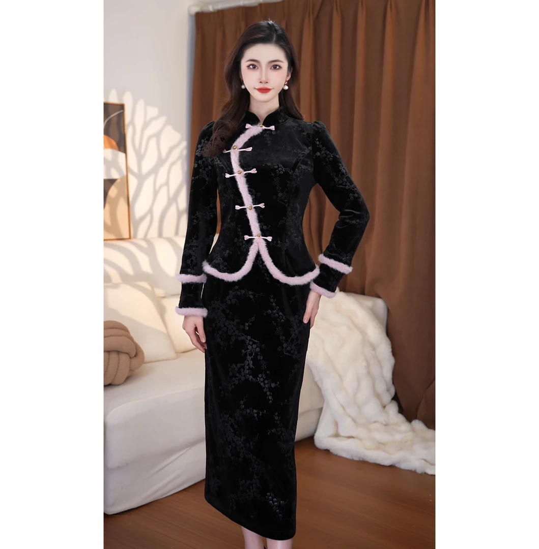 JIANG 现货【岁岁合欢】【加厚加绒】冬款旗袍粉色套装毛毛两件套