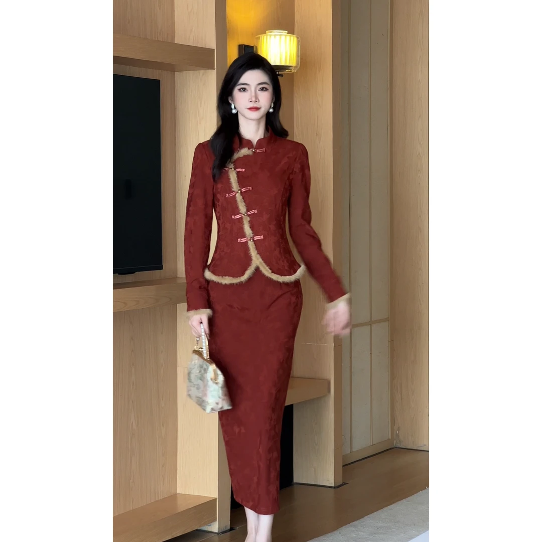 JIANG 现货【事事如意】【真水貂毛】过年旗袍套装女秋冬喜庆