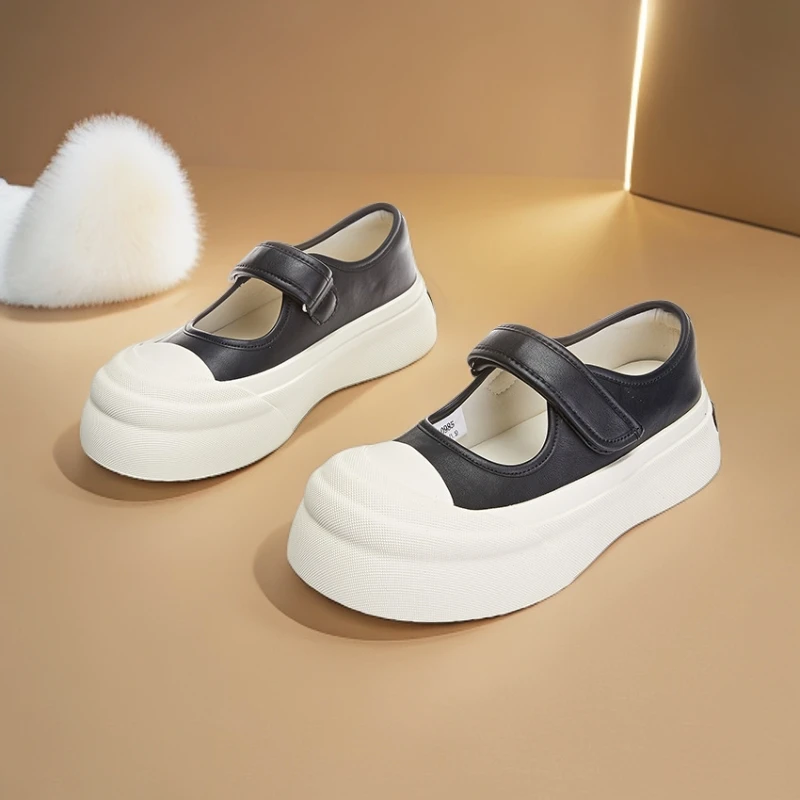 时尚可爱高级感包头小皮鞋百搭真皮厚底增高圆头玛丽珍女鞋