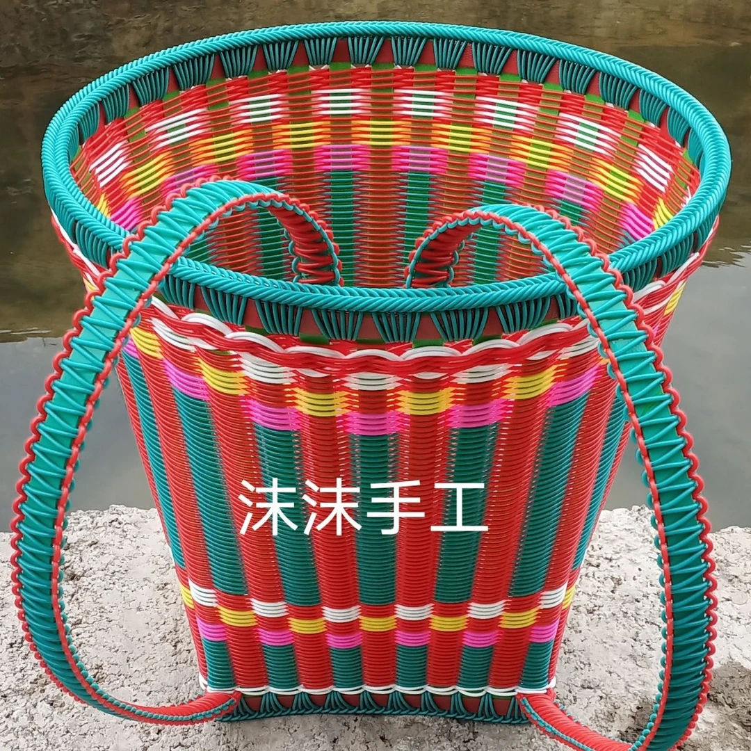 PE塑胶藤条纯手工编织背篓，收纳盒，储物箱，大人背篓便携大容量