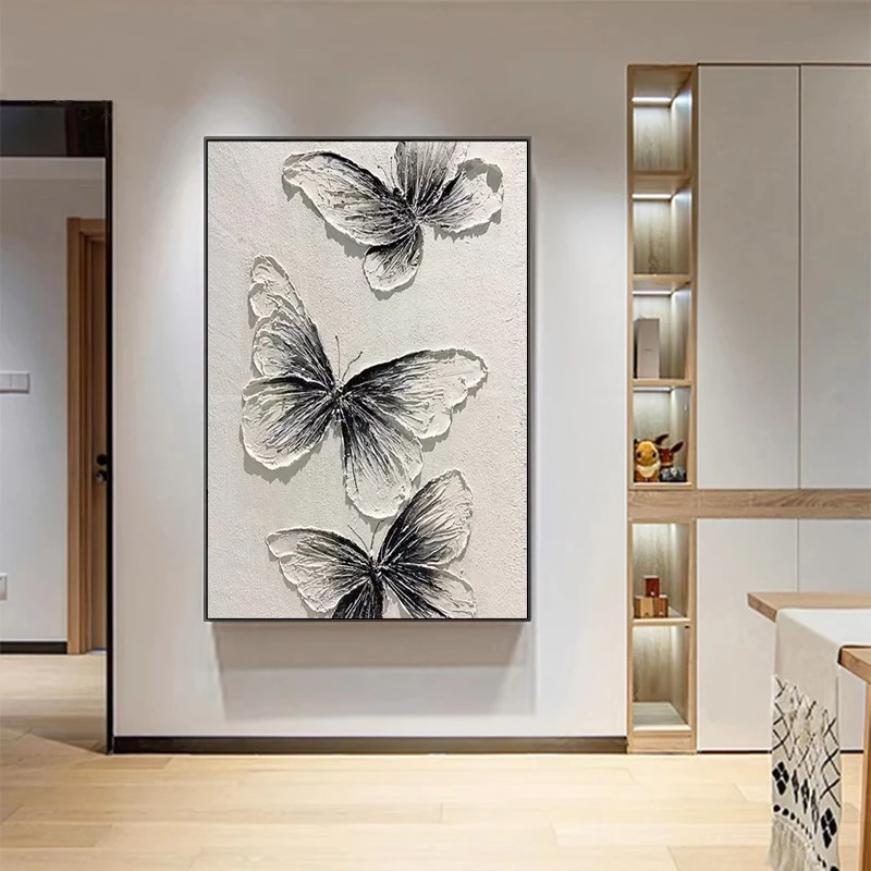 纯手绘抽象肌理蝴蝶大芬村油画玄关装饰画立体客厅背景墙黑白挂画