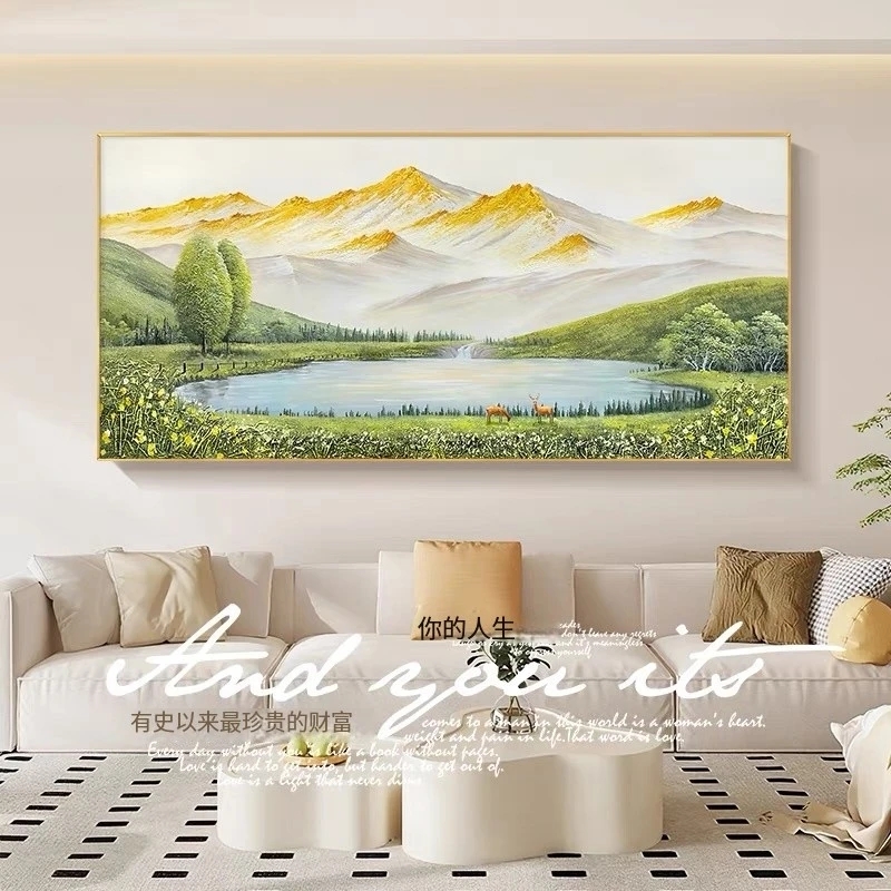 日照金山手绘油画客厅装饰画现代沙发背景挂画山水风景高级感横幅