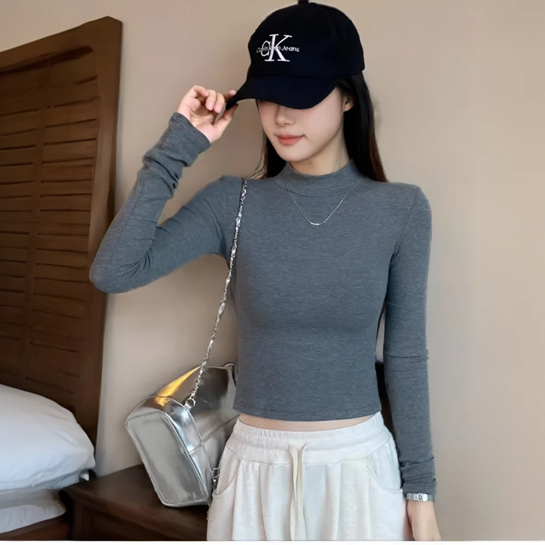 秋冬黑色半高领加绒打底衫显瘦内搭双面绒长袖女紧身洋气短款上衣