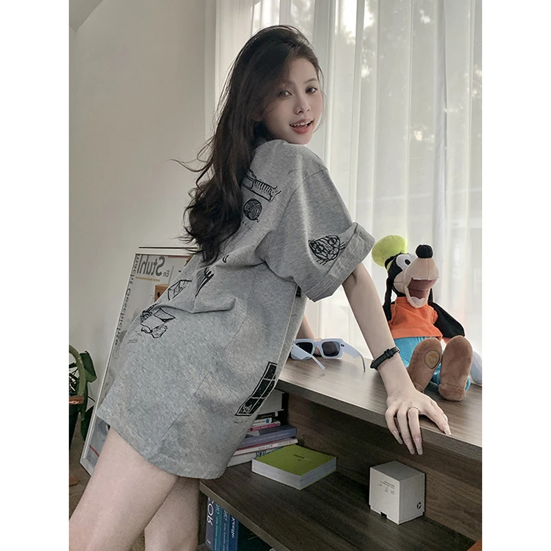 花灰色卡通短袖t恤女2025年夏季美式宽松复古时尚潮牌中长款上衣
