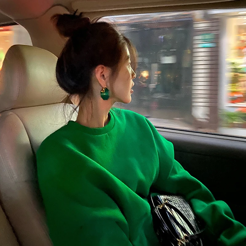 绿色无帽卫衣女秋冬季新款欧货宽松时尚纯色慵懒风百搭中长款上衣