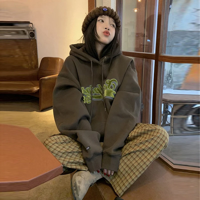棕色连帽卫衣女秋冬新款美式复古宽松时尚潮牌oversize中长款外套