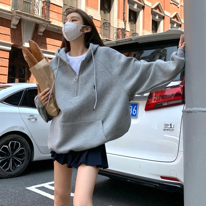 花灰色半拉链连帽卫衣女秋冬季新款美式复古时尚慵懒风中长款外套