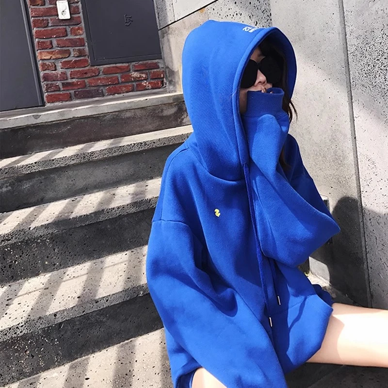 宝藏衣橱上新克莱因蓝色连帽卫衣女秋冬季欧货宽松时尚中长款上衣