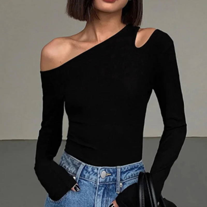 黑色长袖t恤女2025款春季美式修身小个子辣妹露肩打底衫短款上衣