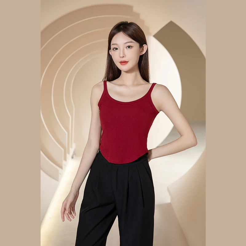 纯色短款内衣文胸一体吊带背心可外穿显瘦无袖女士美背背心酒红
