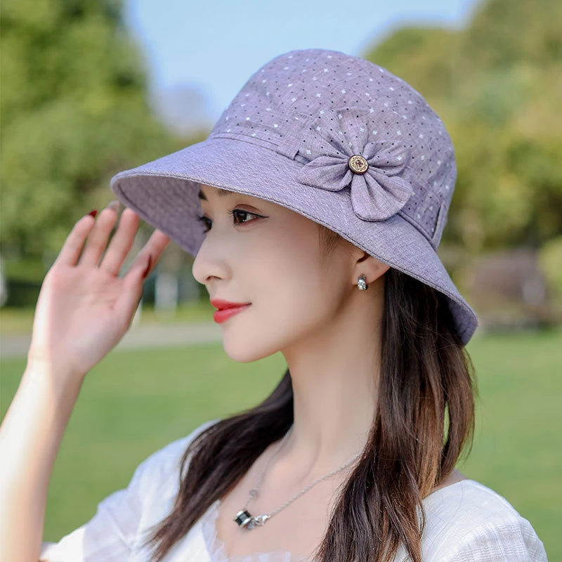 春夏季中老年人帽子女盆帽纽扣蝴蝶结渔夫帽妈妈帽百搭大檐遮阳帽