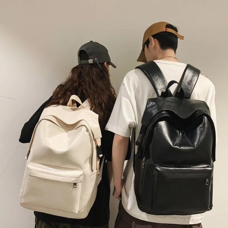 璁珑韩版双肩包2023新款质感大容量pu双肩背包纯色中学生潮酷背包