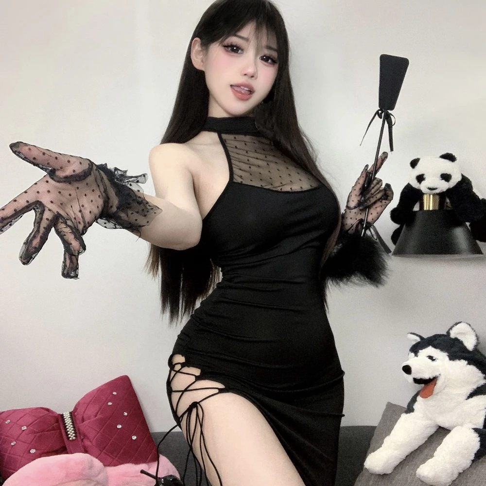 性感辣妹连衣裙女夏蕾丝波点透视高开叉系带挂脖显瘦复古旗袍短裙