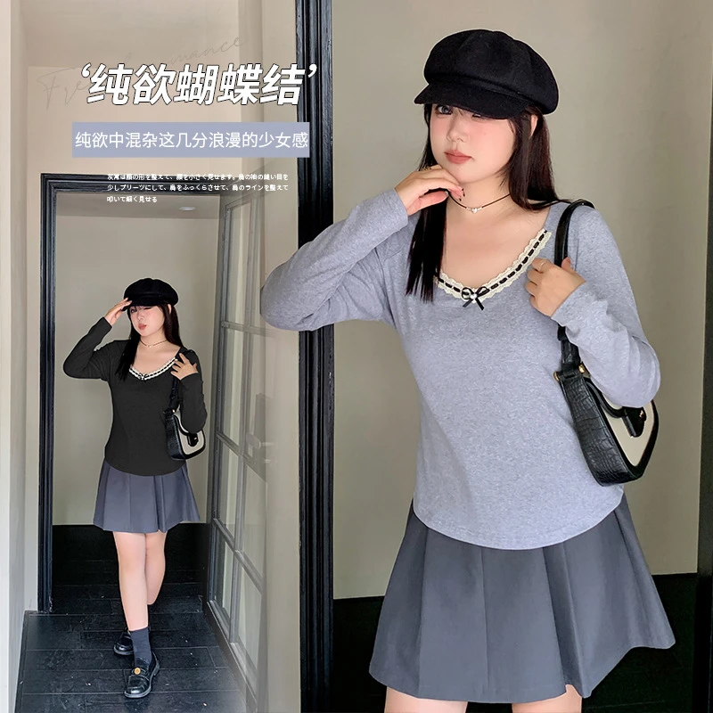 大码女装纯欲风蝴蝶结长袖T恤2024秋季新款软糯上衣331689