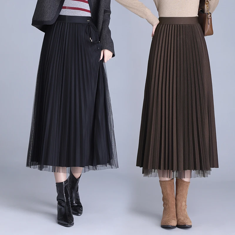 正反两面穿垂感黑色高腰中长款大摆裙百褶裙秋冬时尚A字裙厚款