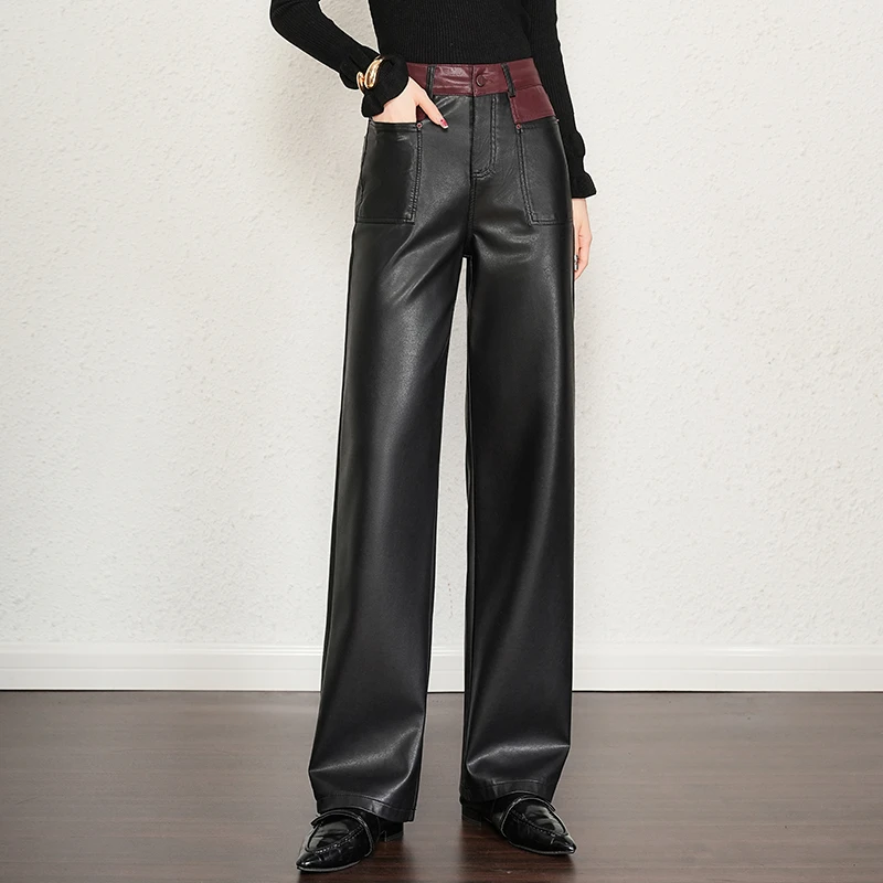 海宁真皮皮裤女直筒裤2025秋冬新款高腰百搭绵羊皮阔腿裤子黑色
