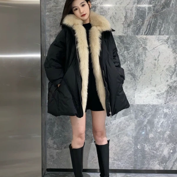 2023新款加厚鹅绒服中长款狐狸毛领