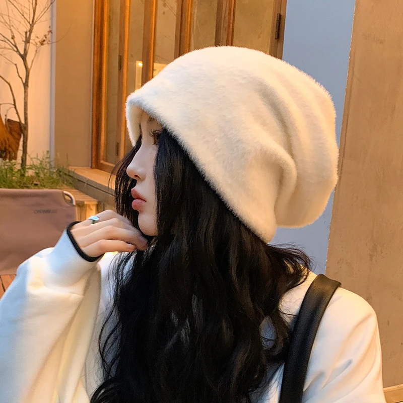 新款韩版仿貂毛女士户外保暖套头月子帽秋冬季加绒超柔软堆堆帽子