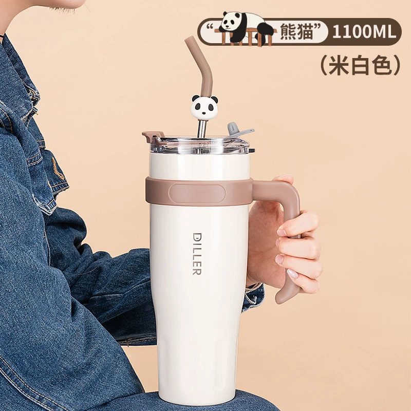 DILLER/迪乐贝尔家用白色保温杯大容量水杯女熊猫咖啡杯水壶带盖