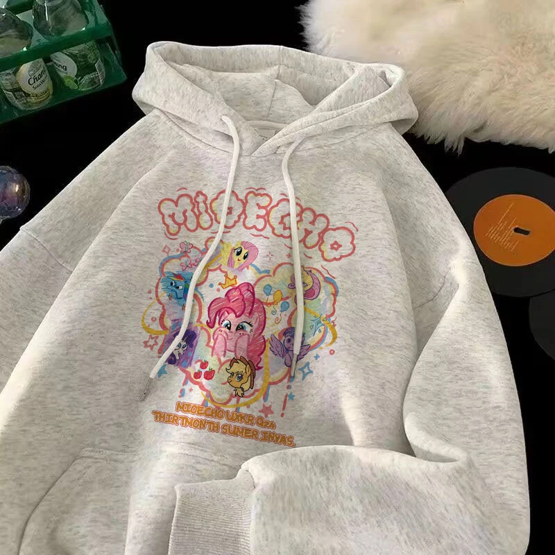 秋冬新款女童连帽卫衣可爱小马宝莉印花宽松加绒外套女大童学院风