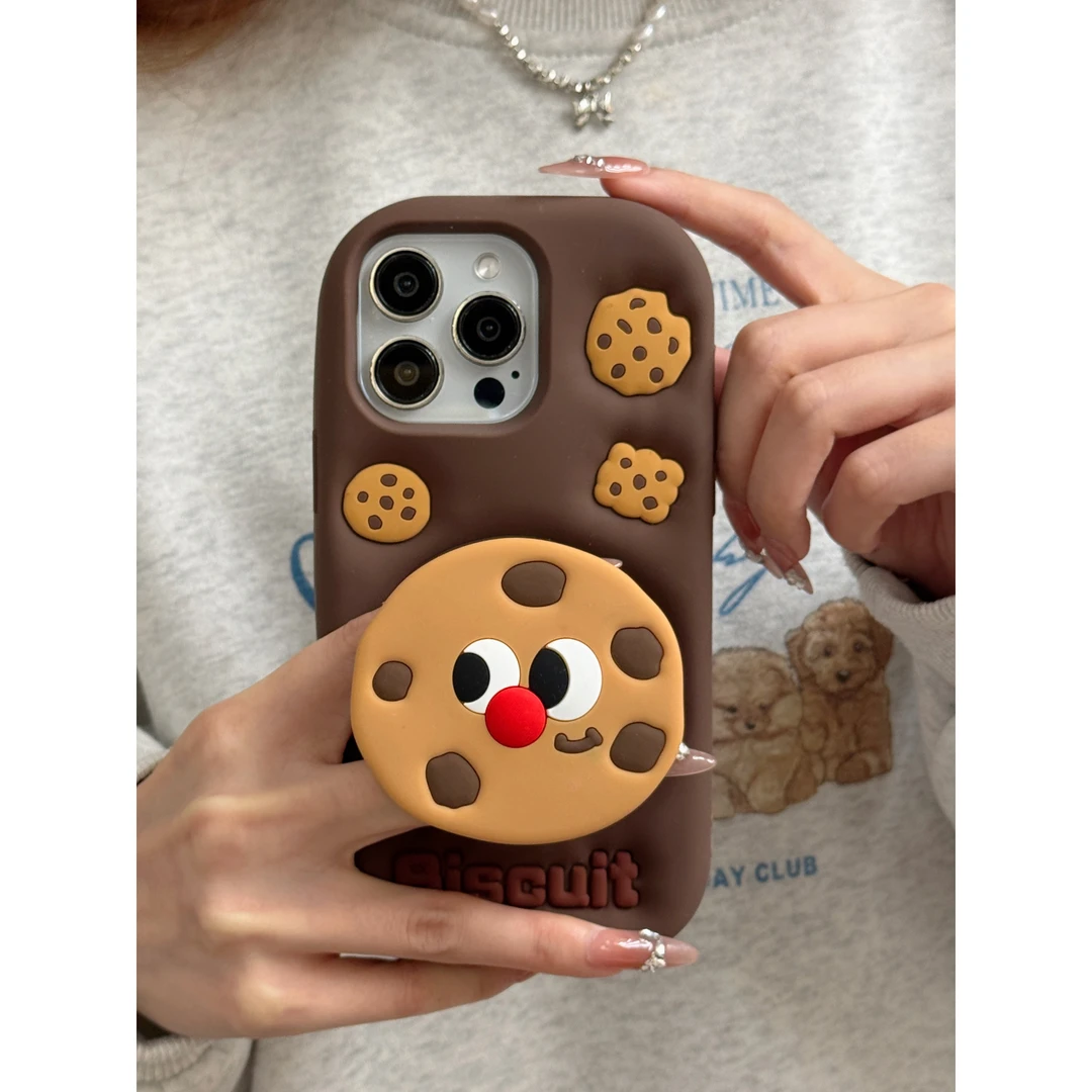 (苹果)曲奇饼干支架可爱适用iPhone16卡通可爱女款立体硅胶手机壳