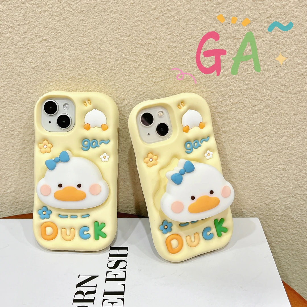 (苹果)膨胀小鸭子支架可爱创意适用iPhone16立体卡通软硅胶手机壳