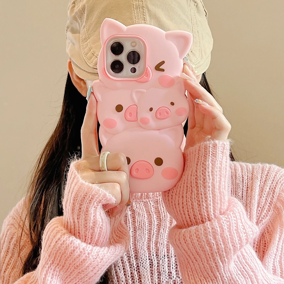 【苹果】卡通可爱叠叠小粉猪iPhone12/13/14promax立体硅胶手机壳