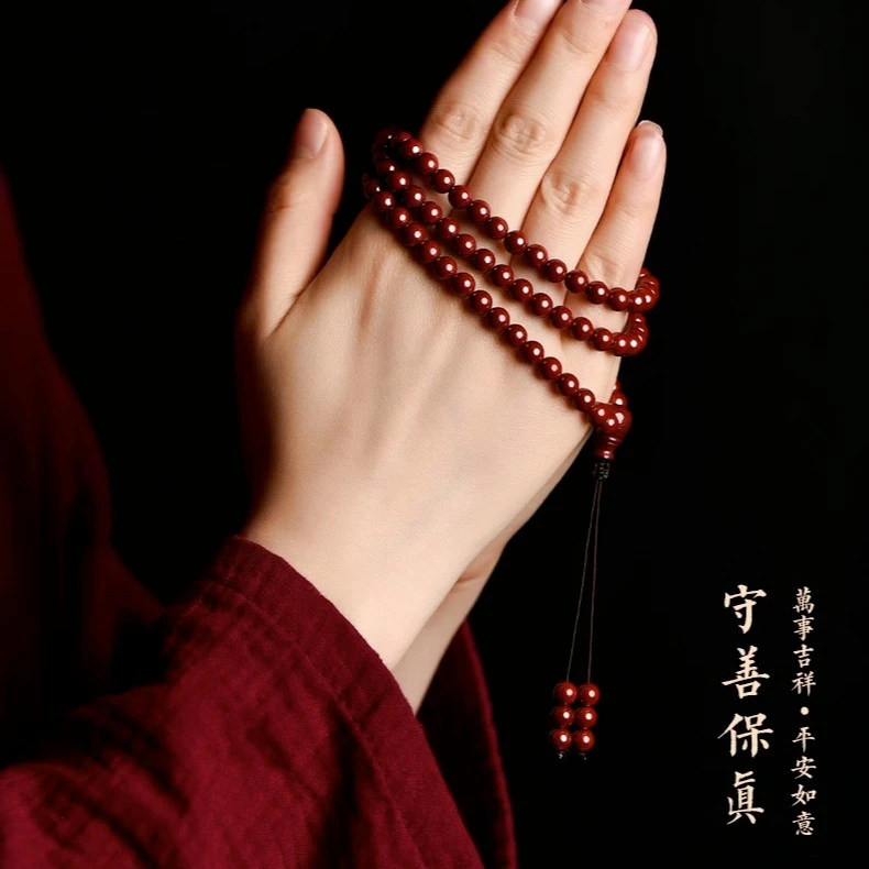 含辰砂工艺品朱砂108多圈高纯度晶体男女佛珠手链素珠三通葫芦款