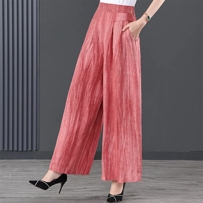 2025春夏时尚亚麻炒色阔腿裤女宽松大码文艺天丝亚麻裙裤休闲长裤